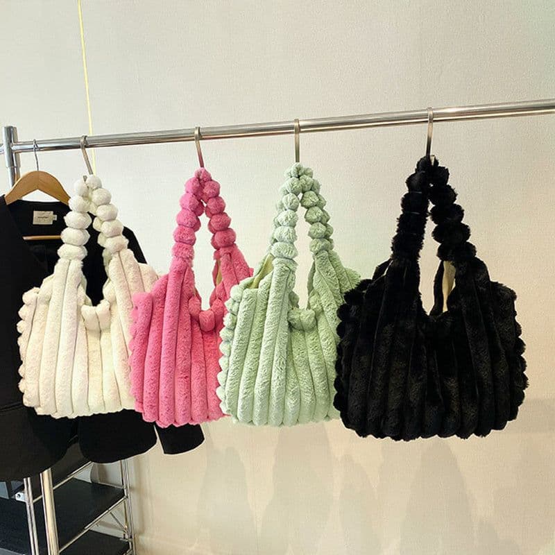 image-Striped Design Plush Bag Winter Fashion Shoulder Armpit Bags Large Capacity Furry Handbags Portable Cute Shopping Tote Bag