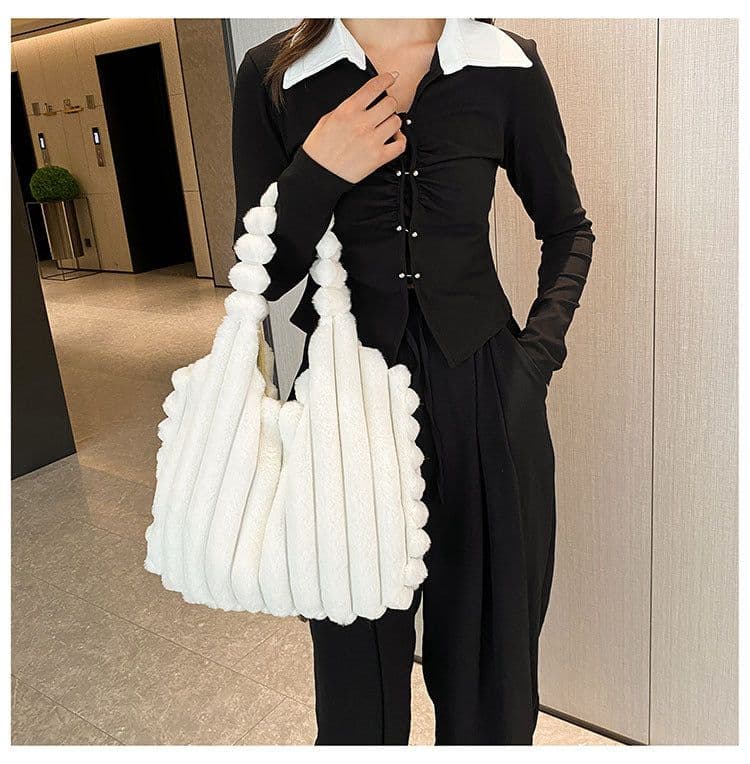 image-Striped Design Plush Bag Winter Fashion Shoulder Armpit Bags Large Capacity Furry Handbags Portable Cute Shopping Tote Bag