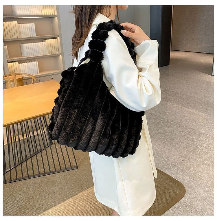 image-Striped Design Plush Bag Winter Fashion Shoulder Armpit Bags Large Capacity Furry Handbags Portable Cute Shopping Tote Bag