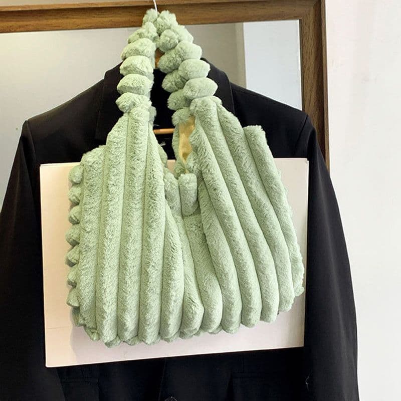 image-Striped Design Plush Bag Winter Fashion Shoulder Armpit Bags Large Capacity Furry Handbags Portable Cute Shopping Tote Bag
