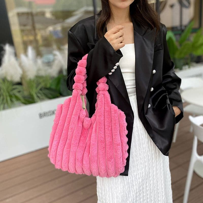 image-Striped Design Plush Bag Winter Fashion Shoulder Armpit Bags Large Capacity Furry Handbags Portable Cute Shopping Tote Bag