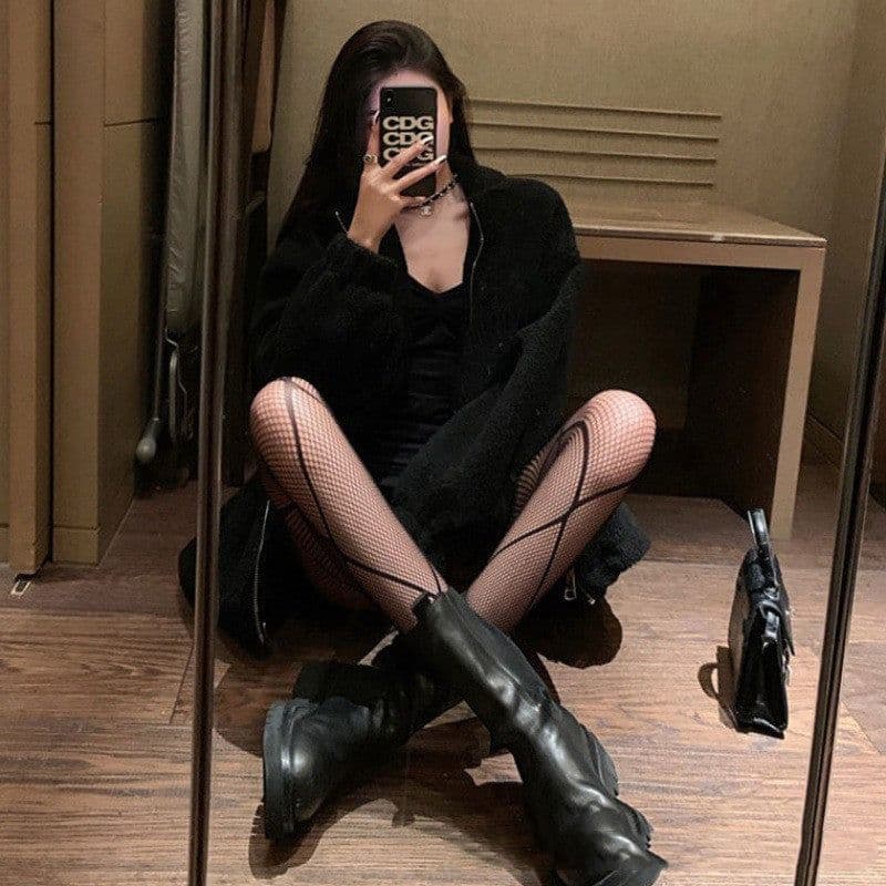 image-Women's Thin High-waist Diamond-shaped Fishnet Bottoming Pantyhose