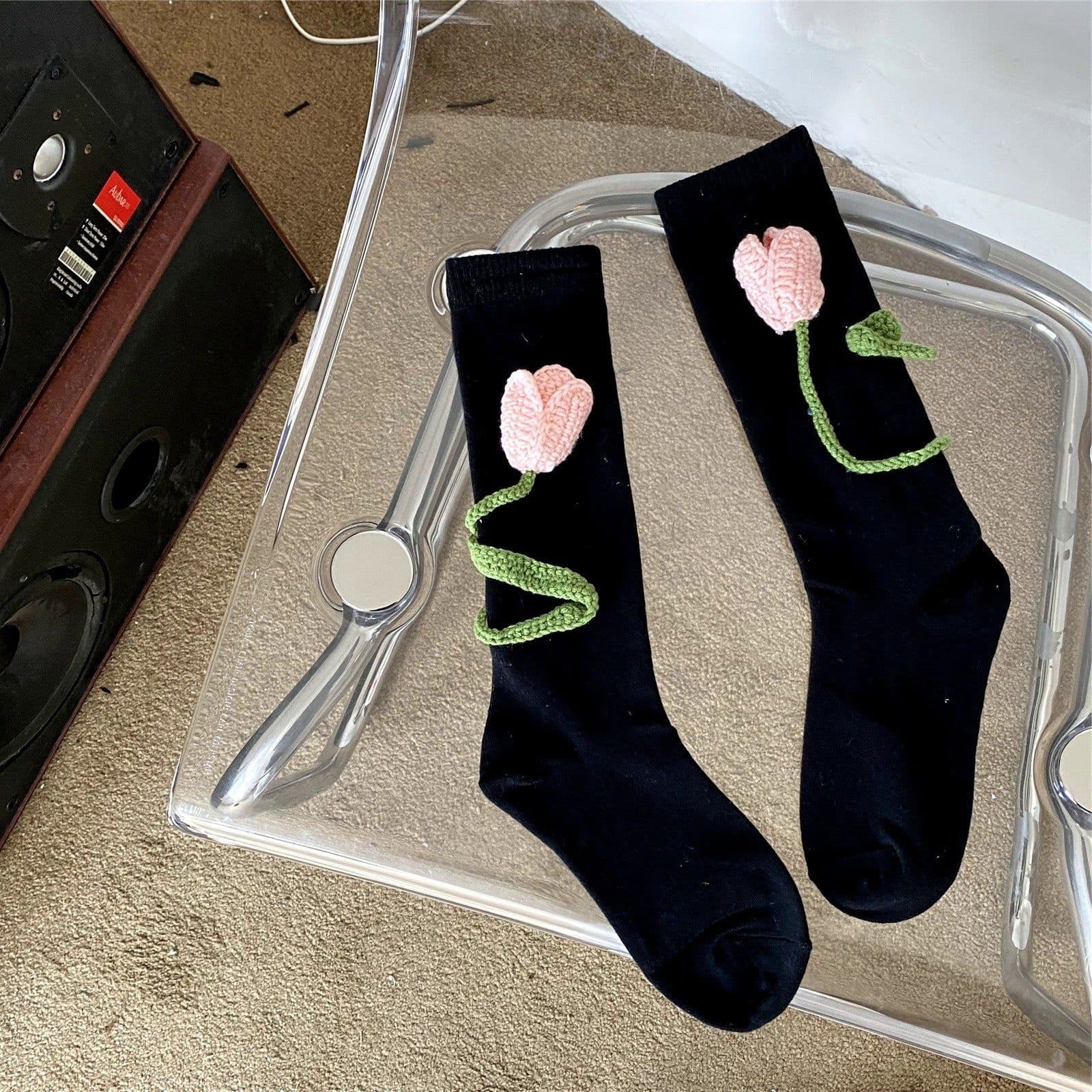 image-Tulip Crochet Cotton Mid Tube Stockings Women's Autumn And Winter