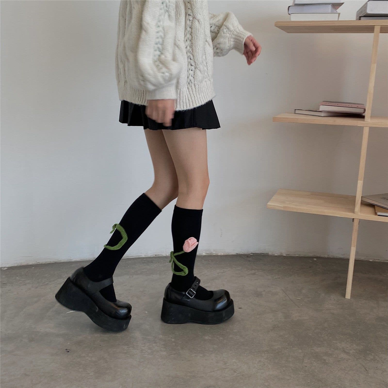 image-Tulip Crochet Cotton Mid Tube Stockings Women's Autumn And Winter