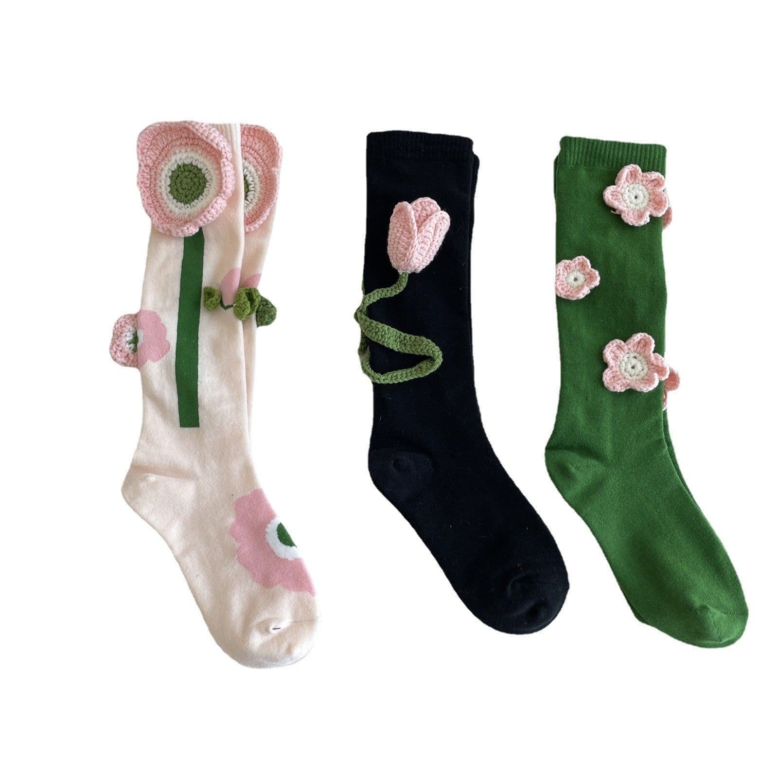 image-Tulip Crochet Cotton Mid Tube Stockings Women's Autumn And Winter