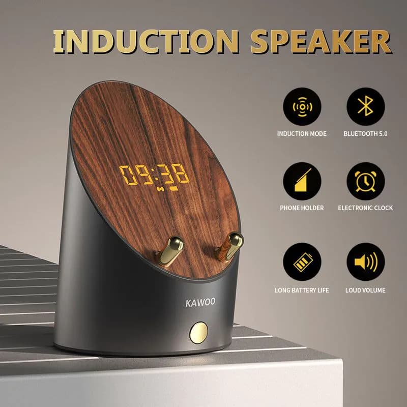 image-Wooden Speaker Smart Induction Speaker Phone Holder Portable Mini Desktop Wireless Alarm Clock Bluetooth Speaker