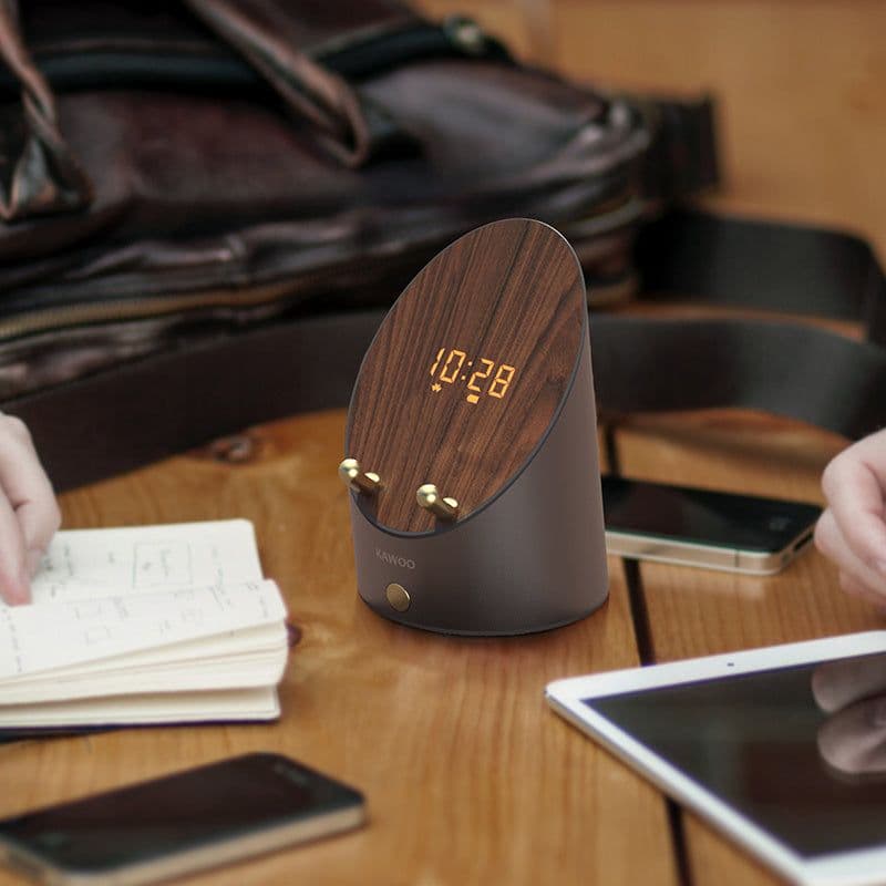 image-Wooden Speaker Smart Induction Speaker Phone Holder Portable Mini Desktop Wireless Alarm Clock Bluetooth Speaker