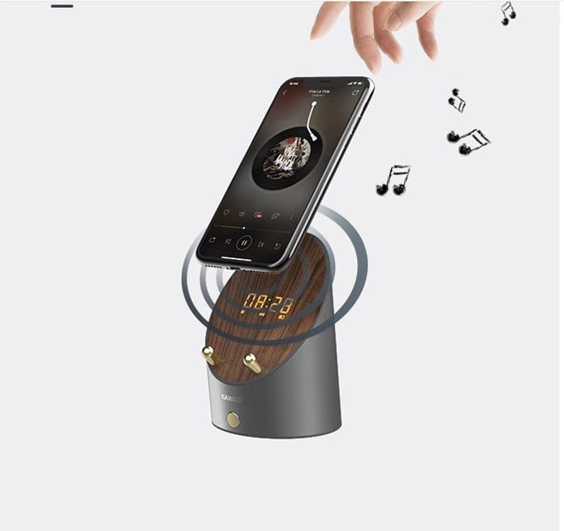 image-Wooden Speaker Smart Induction Speaker Phone Holder Portable Mini Desktop Wireless Alarm Clock Bluetooth Speaker