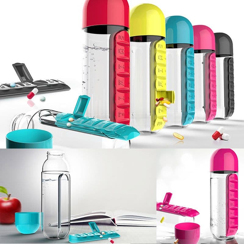 image-Water Bottle With Pillbox Plastic Drink Bottle With Medicine Pills Box Travel 7 Days Drug Organizer Drinking Container