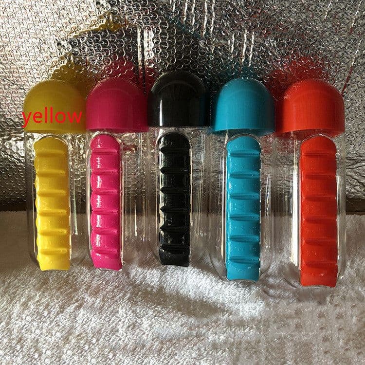 image-Water Bottle With Pillbox Plastic Drink Bottle With Medicine Pills Box Travel 7 Days Drug Organizer Drinking Container