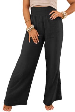 image-Khaki Textured High Waist Wide Leg Plus Size Pants