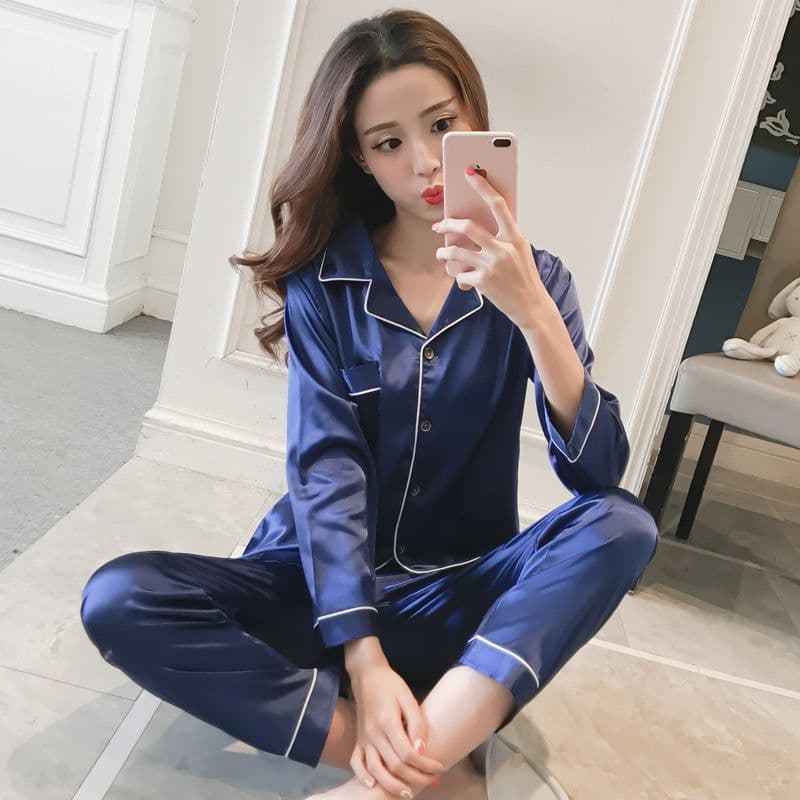 image-Women's Silk Pajamas Set - Long Sleeve Black Cardigan
