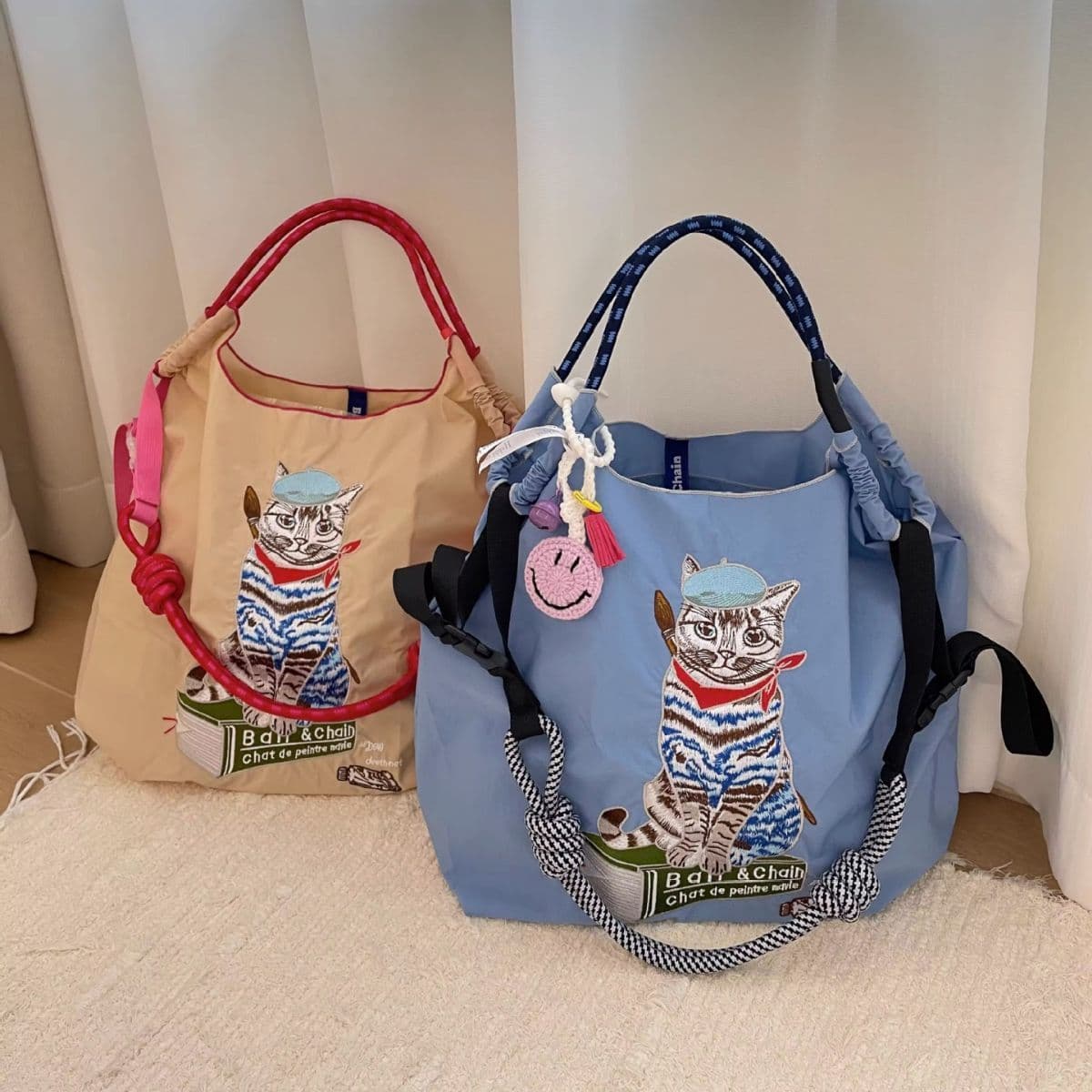 image-Japanese Painter Cat Embroidery Shopping Bag