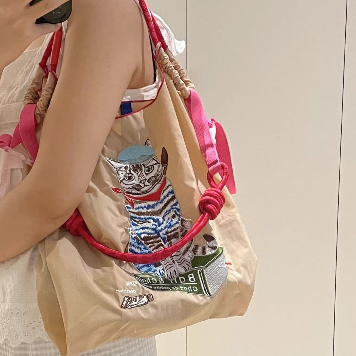 image-Japanese Painter Cat Embroidery Shopping Bag