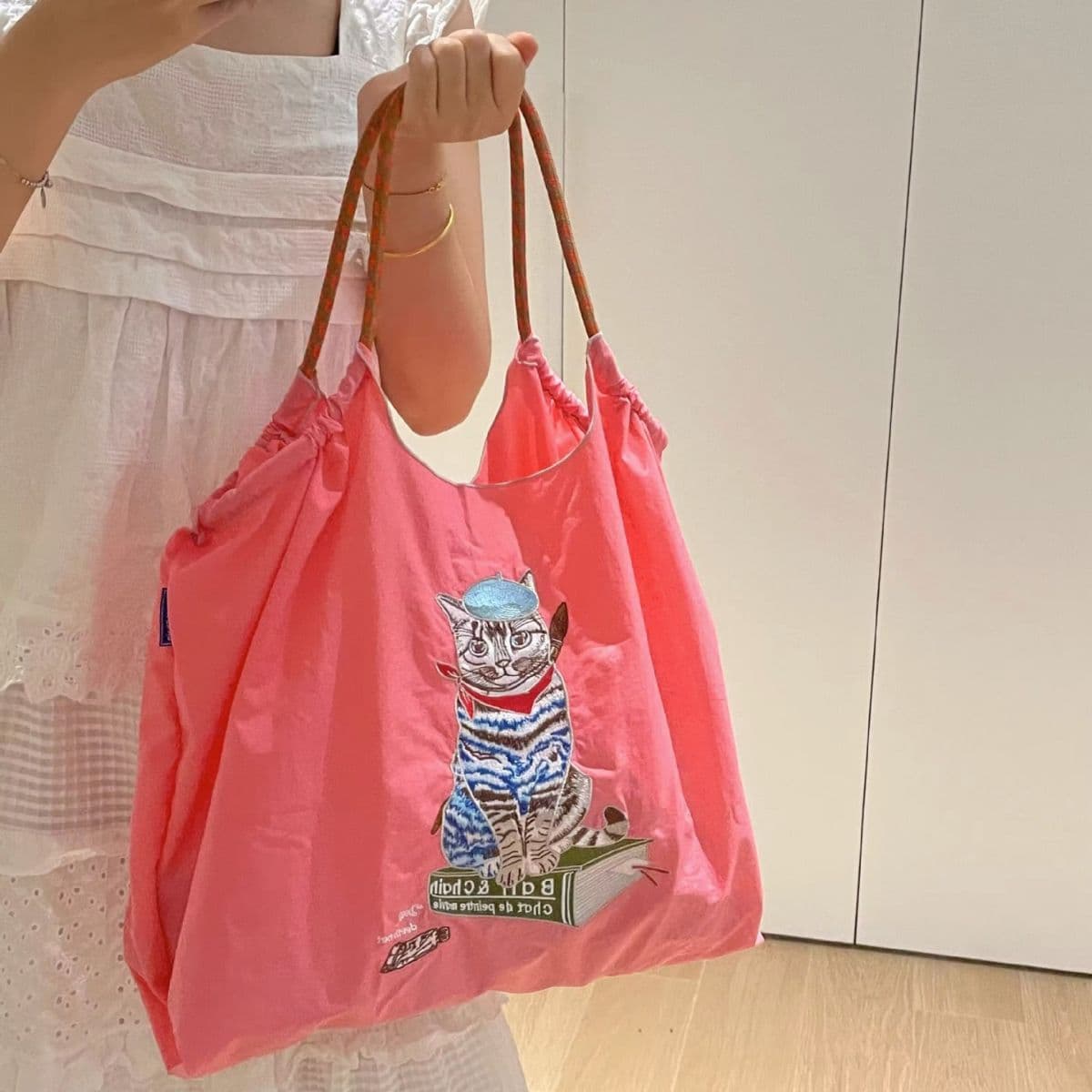 image-Japanese Painter Cat Embroidery Shopping Bag