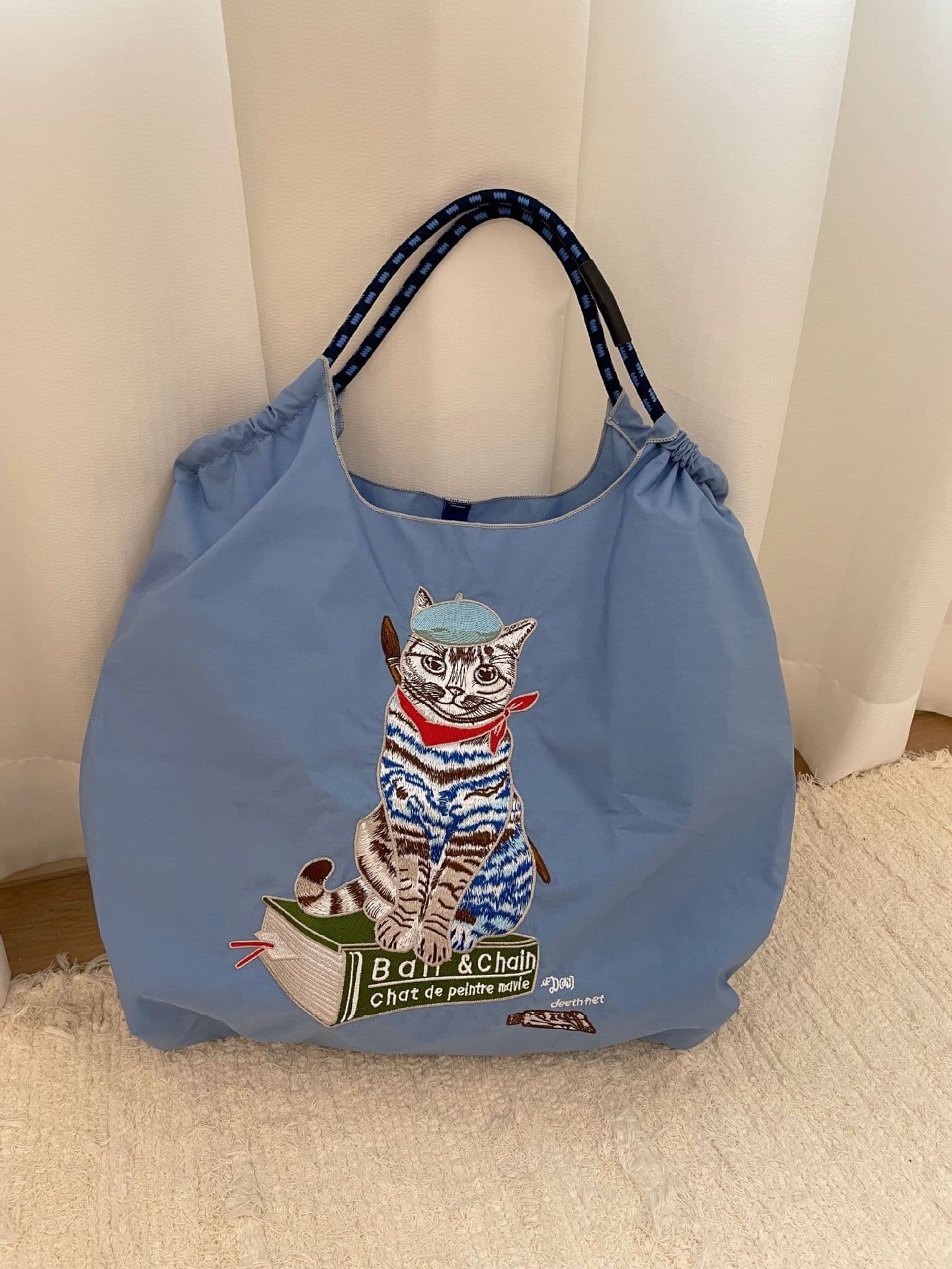 image-Japanese Painter Cat Embroidery Shopping Bag