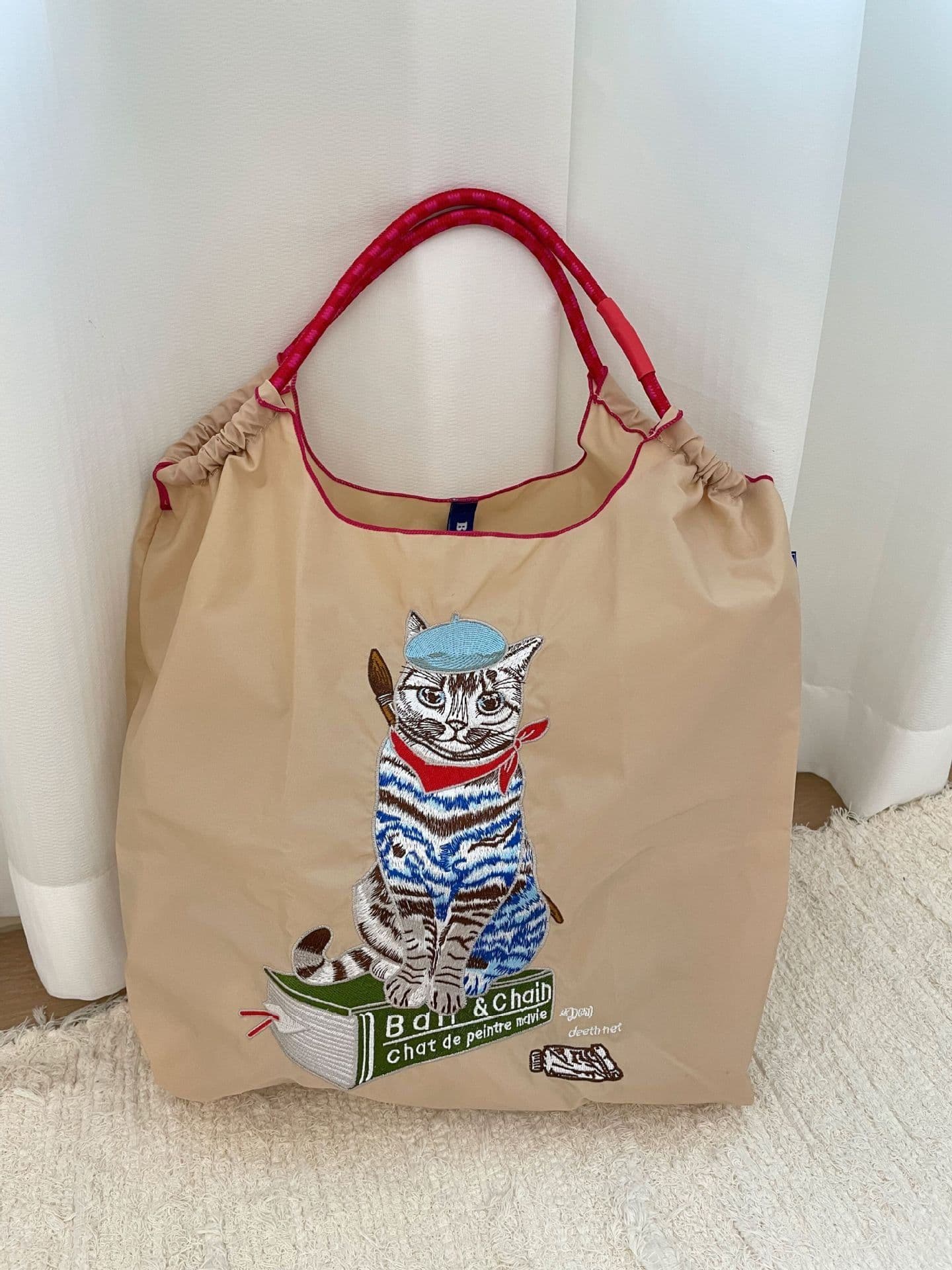 image-Japanese Painter Cat Embroidery Shopping Bag