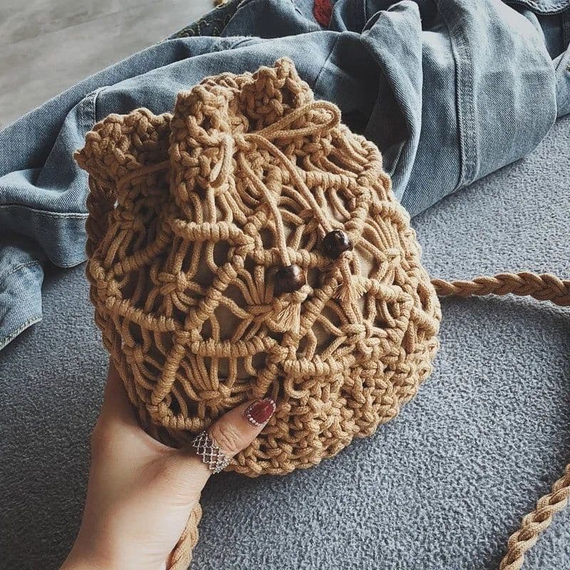 image-Women's Round Diagonal Cotton Crochet Tassel Small Bag