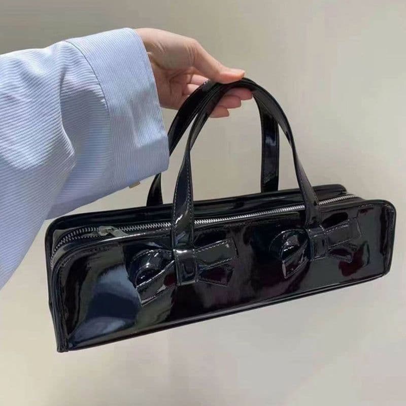 image-Japanese Cute Patent Leather Glossy Bow Decoration Baguette Bag