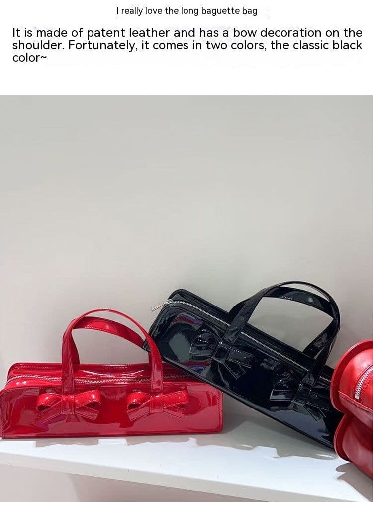 image-Japanese Cute Patent Leather Glossy Bow Decoration Baguette Bag