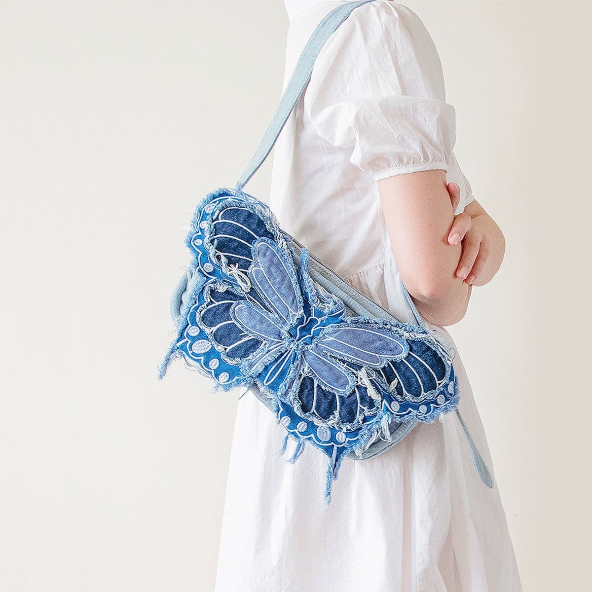 image-Original Design Butterfly Tassel Denim Wide Shoulder Strap Crossbody Bag