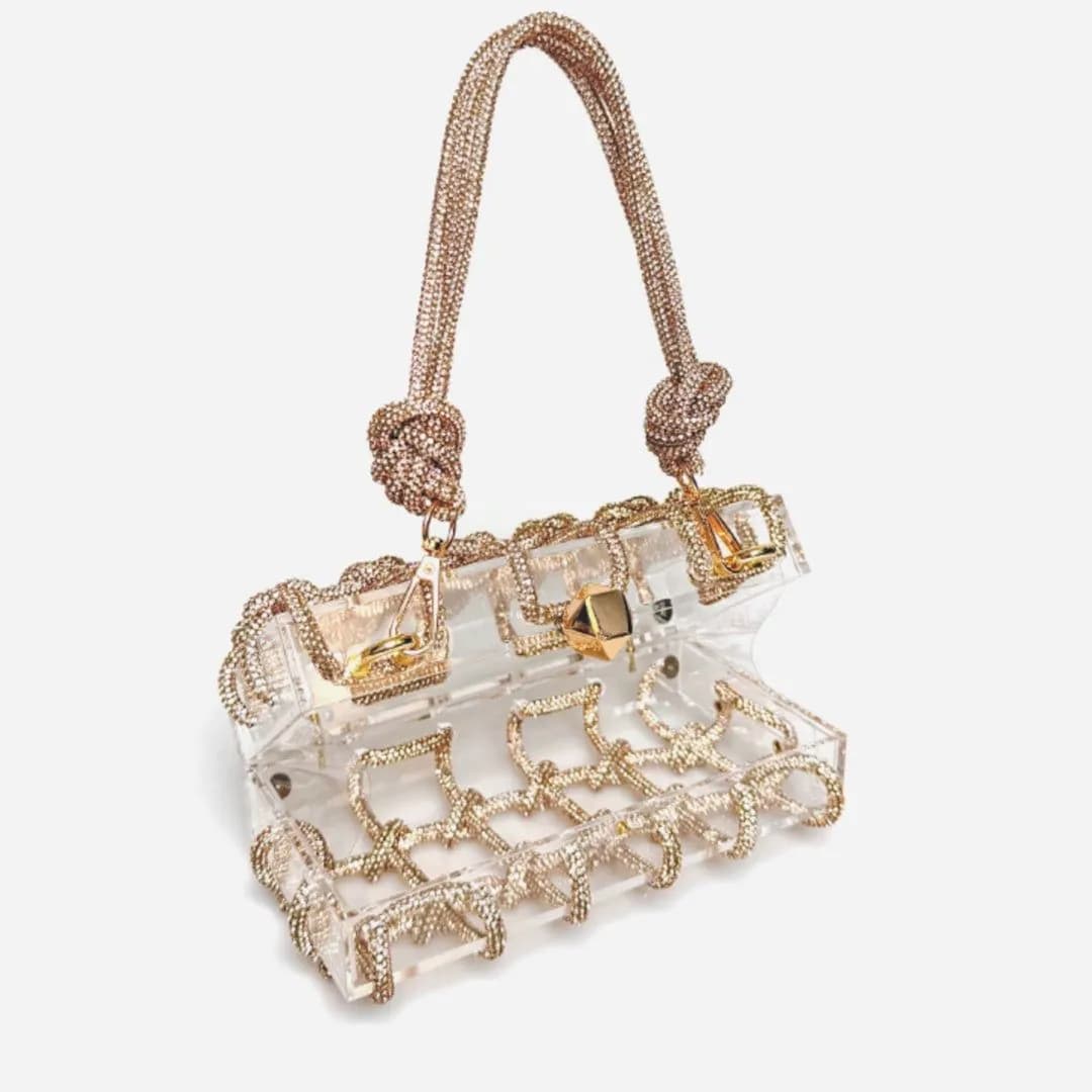 image-French Sweet Shiny Rhinestone Banquet Small Square Bag