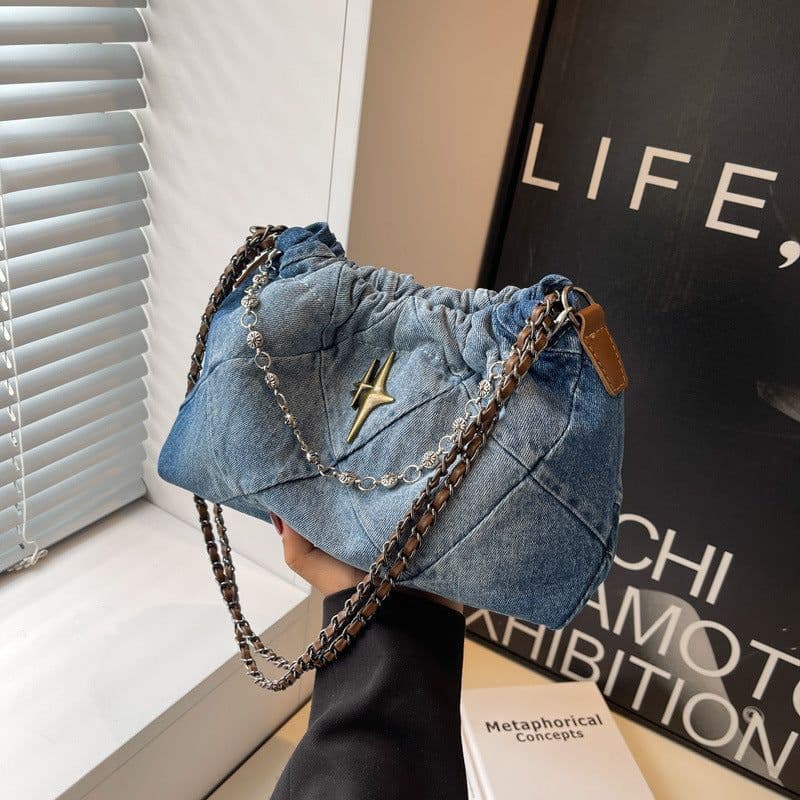 image-Denim Women's Bag Denim Blue Woven Chain Messenger Bag Rhombic Embroidery Thread