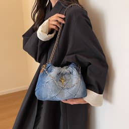 image-Denim Women's Bag Denim Blue Woven Chain Messenger Bag Rhombic Embroidery Thread