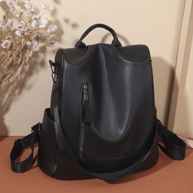 image-Women's Bag PU Soft Leather Textured Backpack Fashion Hong Kong Style Large Capacity