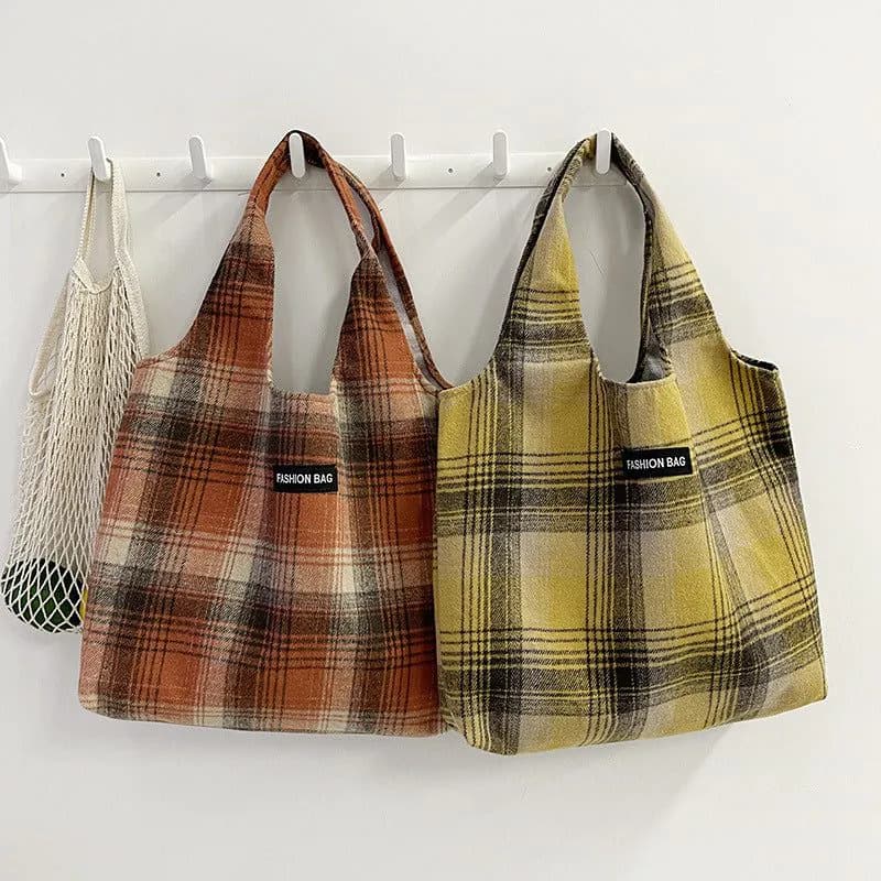 image-New Retro British Checked Canvas Bag Women