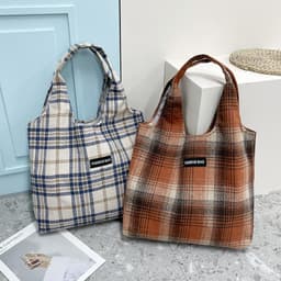 image-New Retro British Checked Canvas Bag Women