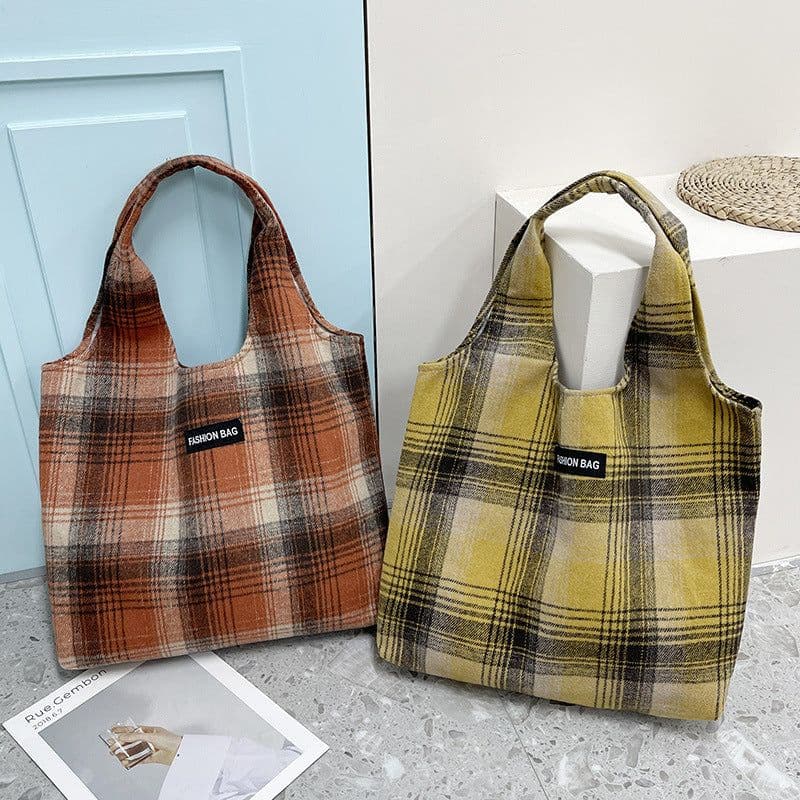 image-New Retro British Checked Canvas Bag Women