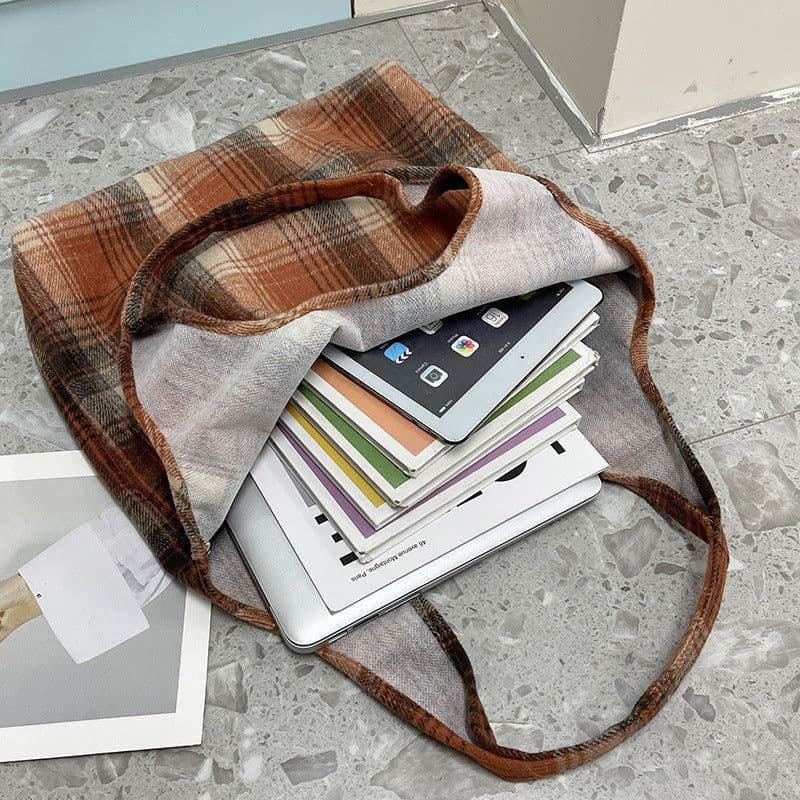 image-New Retro British Checked Canvas Bag Women