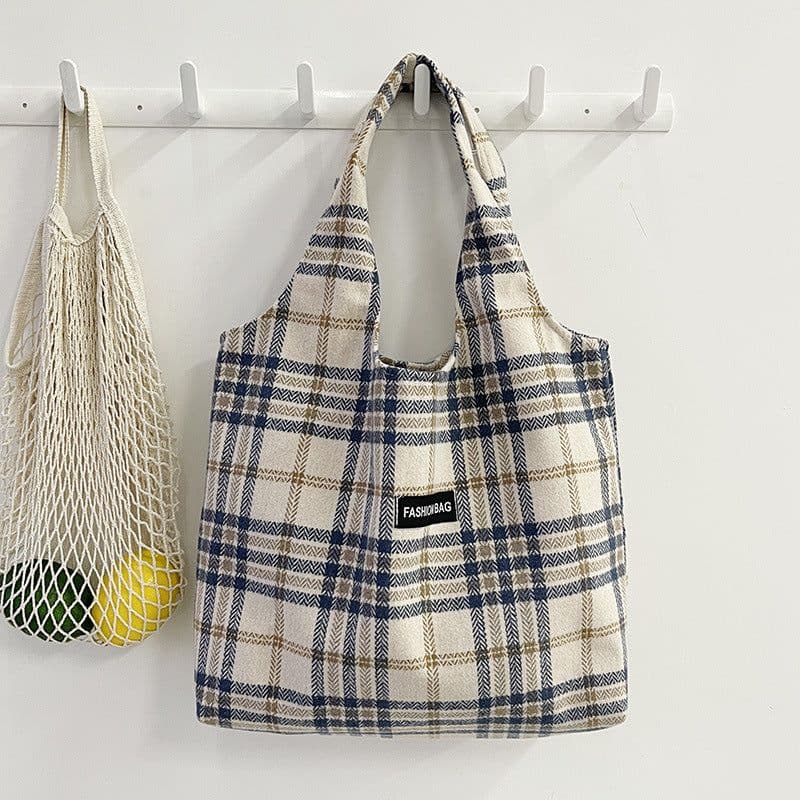 image-New Retro British Checked Canvas Bag Women