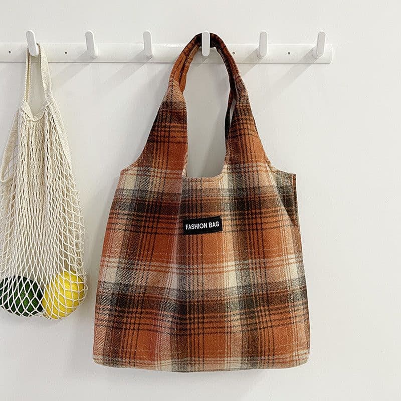 image-New Retro British Checked Canvas Bag Women