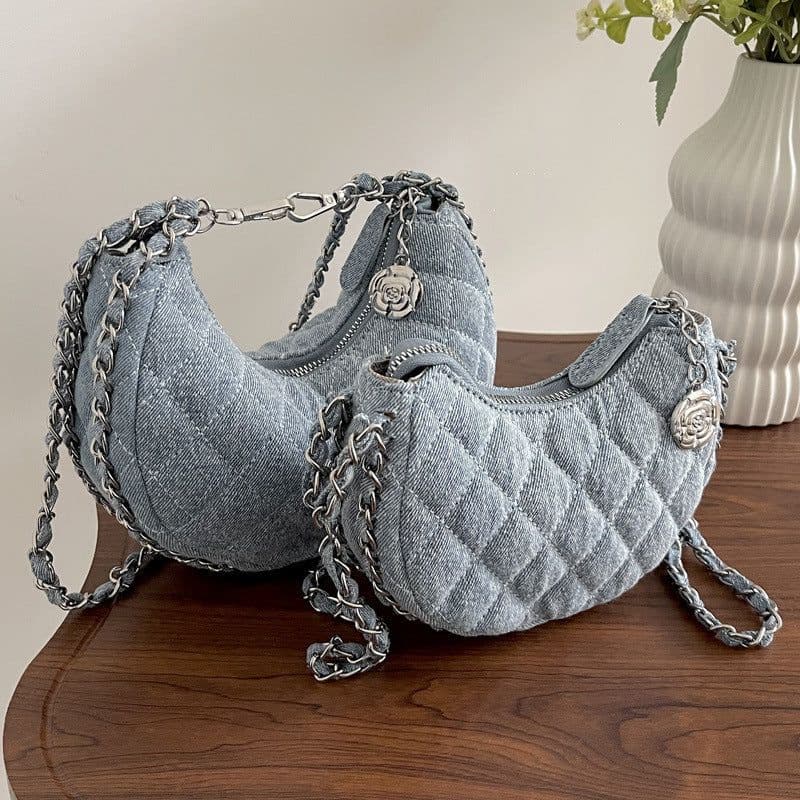 image-Denim Bag Female Diamond Embroidery Thread Chain Messenger Bag