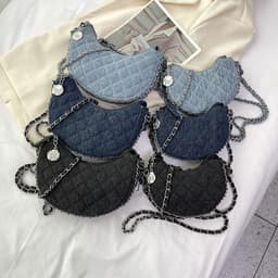 image-Denim Bag Female Diamond Embroidery Thread Chain Messenger Bag