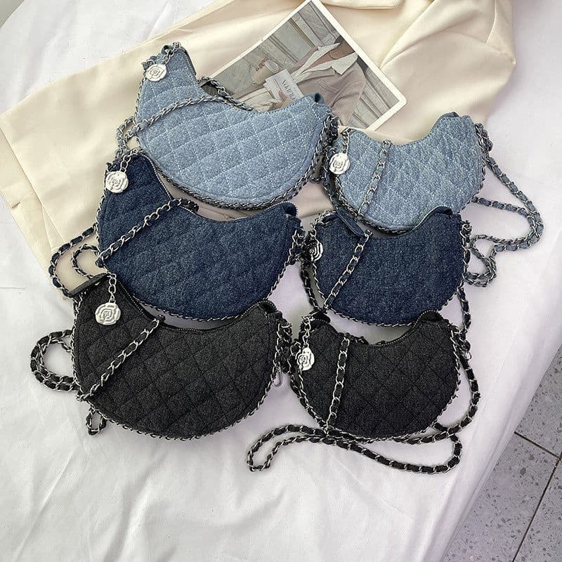 image-Denim Bag Female Diamond Embroidery Thread Chain Messenger Bag