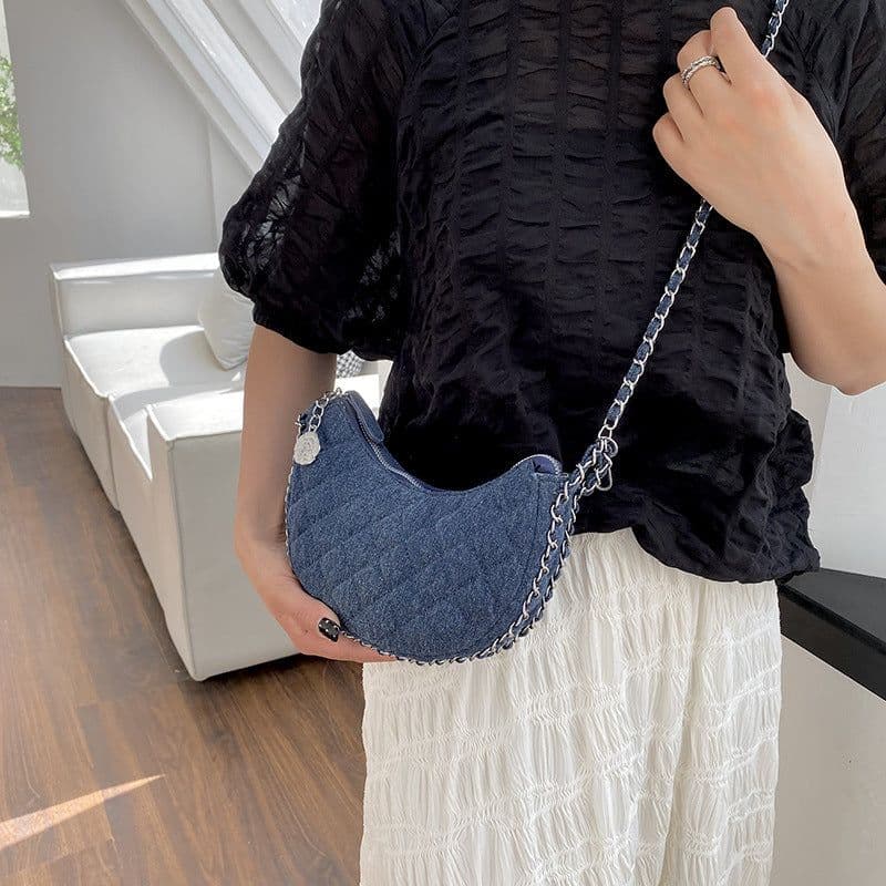 image-Denim Bag Female Diamond Embroidery Thread Chain Messenger Bag