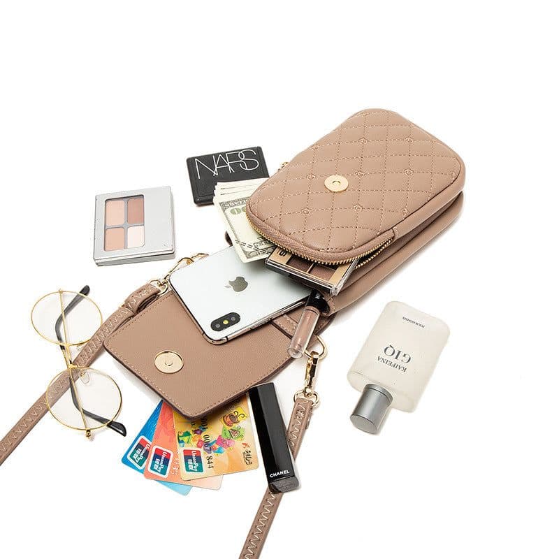 image-Plaid Sewing Design Mobile Phone Bags For Women Simple Buckle Multifunctional Crossbody Shoulder Bag