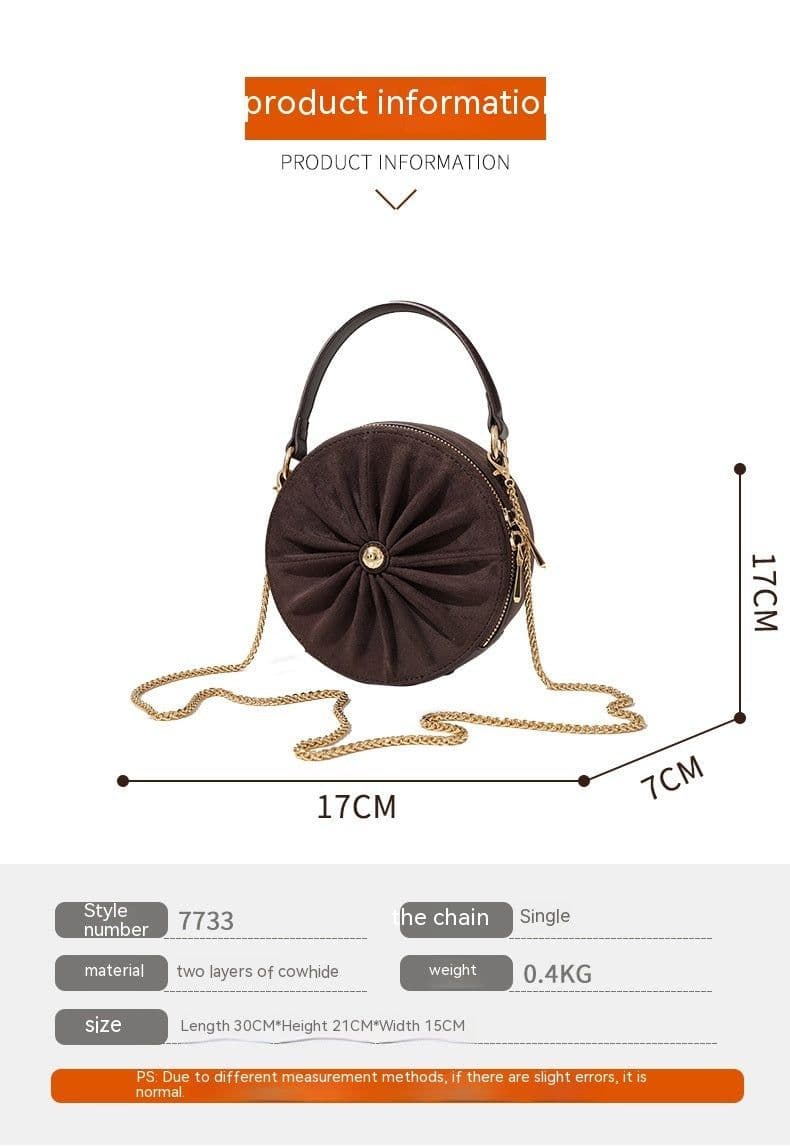 image-Advanced Sense Classic Style Round Pie Bag Genuine Leather Bag Metal Chain