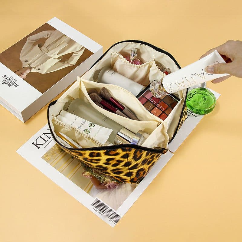 image-Women's Leopard PU Leather Wash Makeup Storage Bag Large Capacity Multifunctional