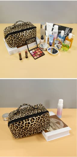 image-Women's Leopard PU Leather Wash Makeup Storage Bag Large Capacity Multifunctional