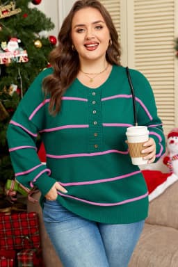 image-Green Stripe Half Button Drop Shoulder Plus Sweater