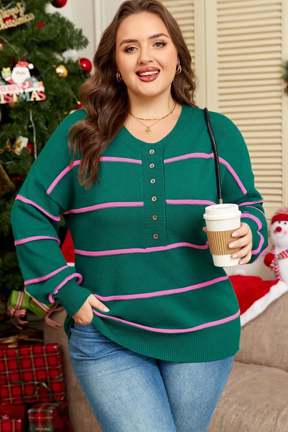 image-Green Stripe Half Button Drop Shoulder Plus Sweater