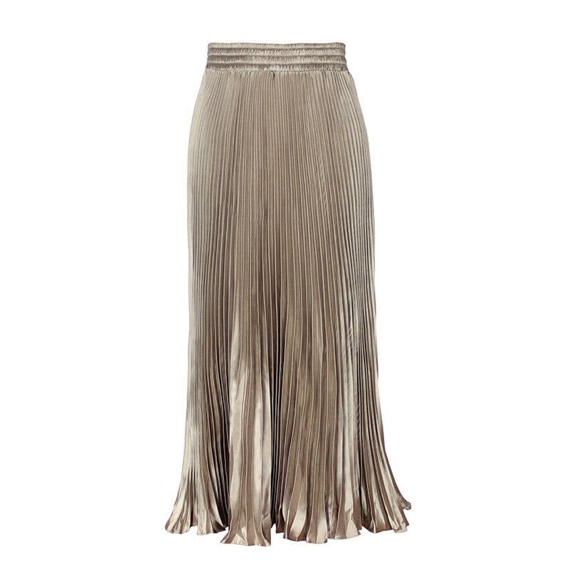 image-European Satin Metallic Pleated Skirt - Long, Elegant, One Size