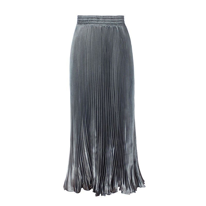 image-European Satin Metallic Pleated Skirt - Long, Elegant, One Size