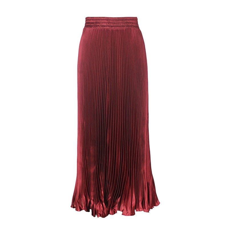 image-European Satin Metallic Pleated Skirt - Long, Elegant, One Size