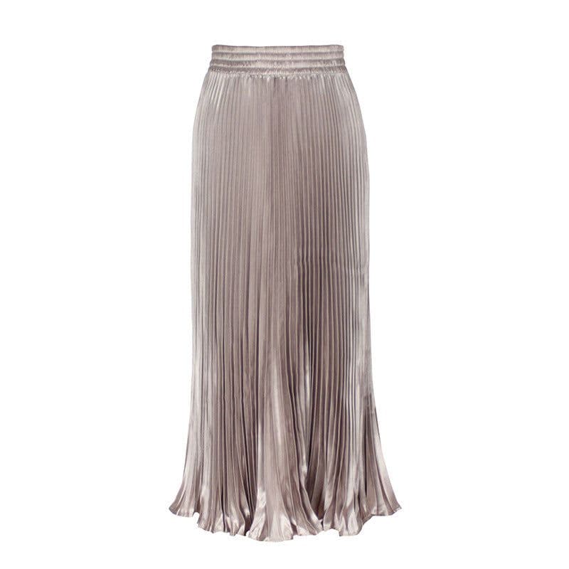 image-European Satin Metallic Pleated Skirt - Long, Elegant, One Size