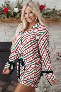 image-Green Stripe Contrast Velvet Ribbon Knot Christmas 2pcs Pajama Set